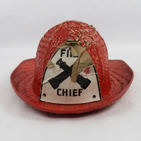 Vintage 1950's Child's Red Wicker Fire Chief Fireman’s Hat with Cardboard Emblem