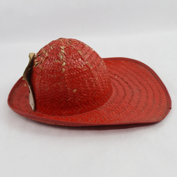 Vintage 1950's Child's Red Wicker Fire Chief Fireman’s Hat with Cardboard Emblem