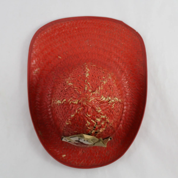 Vintage 1950's Child's Red Wicker Fire Chief Fireman’s Hat with Cardboard Emblem