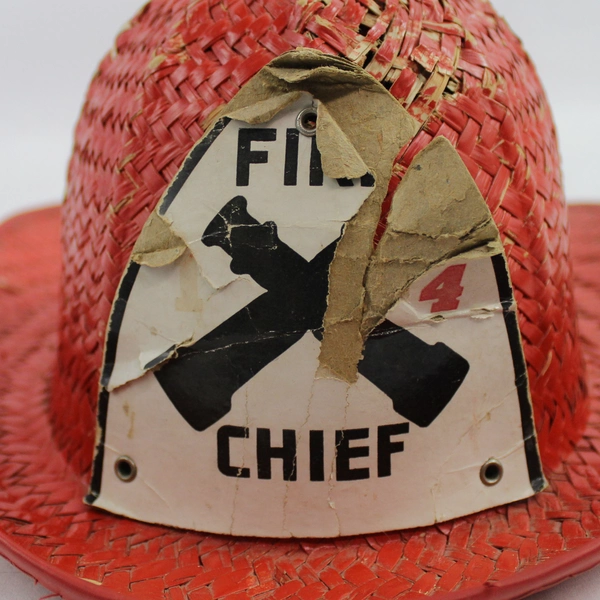 Vintage 1950's Child's Red Wicker Fire Chief Fireman’s Hat with Cardboard Emblem