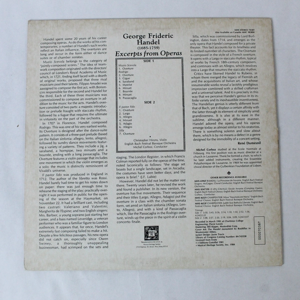 Handel Excerpts LP: Muzio Scevola Il Pastor Fido Rodrigo Silla 1981