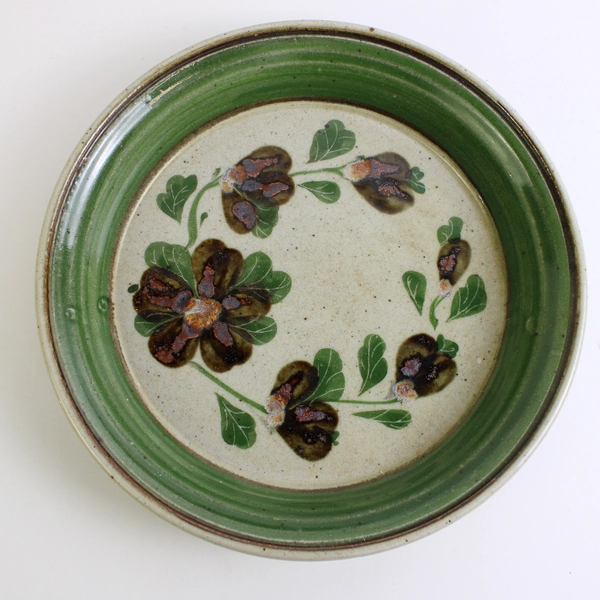 Hand-Painted Studio Pottery Floral Design Coupe Bowl 9.5"