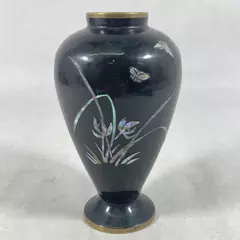 Vtg Black Cloisonne Vase Inlaid Mother Of Pearl Butterflies And Flowers 6 Inch