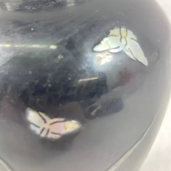 Vtg Black Cloisonne Vase Inlaid Mother Of Pearl Butterflies And Flowers 6 Inch