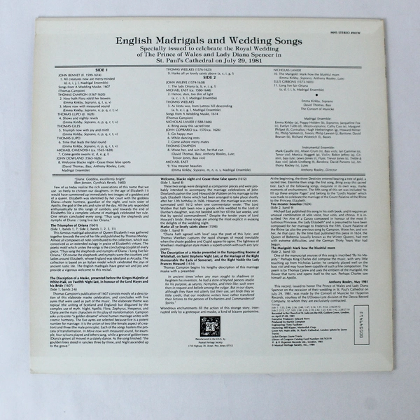English Madrigals Wedding Songs Special Issue Wedding Prince Of Wales Diana LP