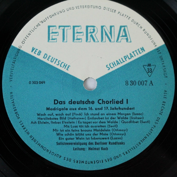 Das Deutsche Chorlied I Madrigale 16th & 17th Century Vinyl LP Eterna