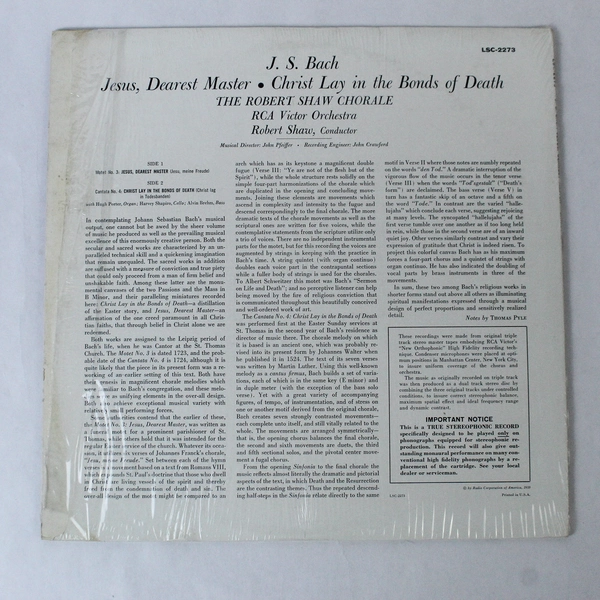 JS Bach Jesus Dearest Master Christ Lay in Bonds Death LP RCA 1959