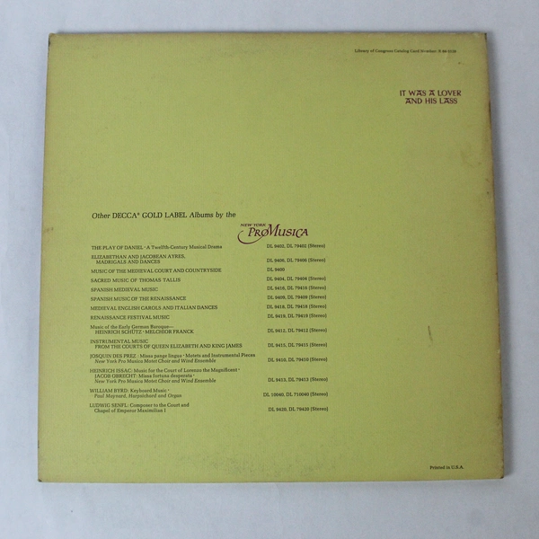New York Pro Musica It Was A Lover And His Lass Vinyl LP Decca 1964