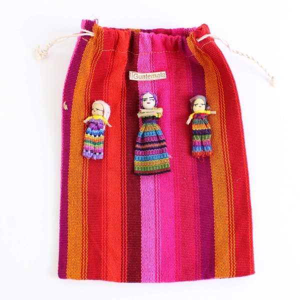 Unbranded Guatemala Small Drawstring Bag Pink/Orange W/ Worry Doll Detail