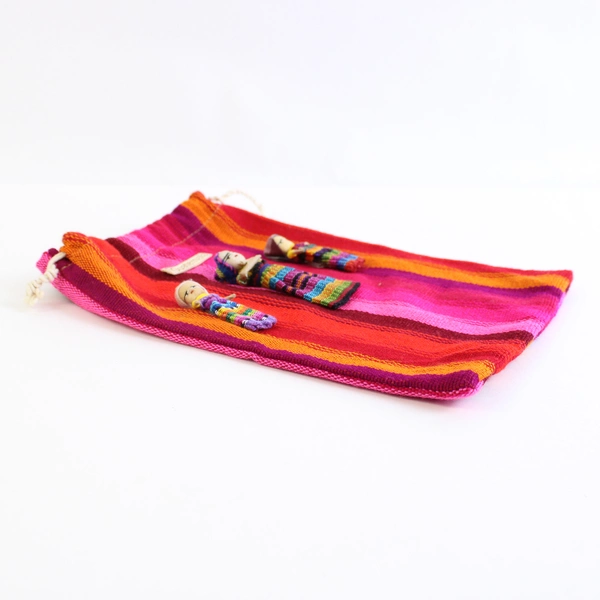 Unbranded Guatemala Small Drawstring Bag Pink/Orange W/ Worry Doll Detail