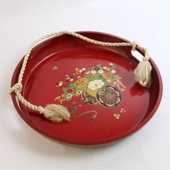 Asian Style Red Black Gold Lacquer Decorative Round Serving Tray