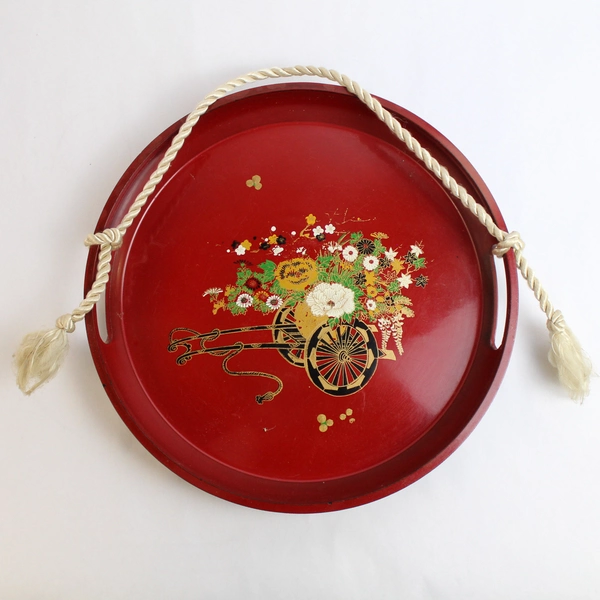 Asian Style Red Black Gold Lacquer Decorative Round Serving Tray