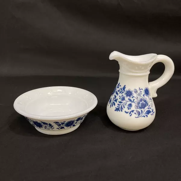 Vtg 1972 Avon Skin So Soft Pitcher & Bowl Set White Blue Floral Chips