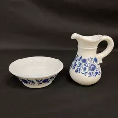 Vtg 1972 Avon Skin So Soft Pitcher & Bowl Set White Blue Floral Chips