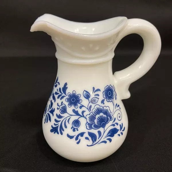 Vtg 1972 Avon Skin So Soft Pitcher & Bowl Set White Blue Floral Chips