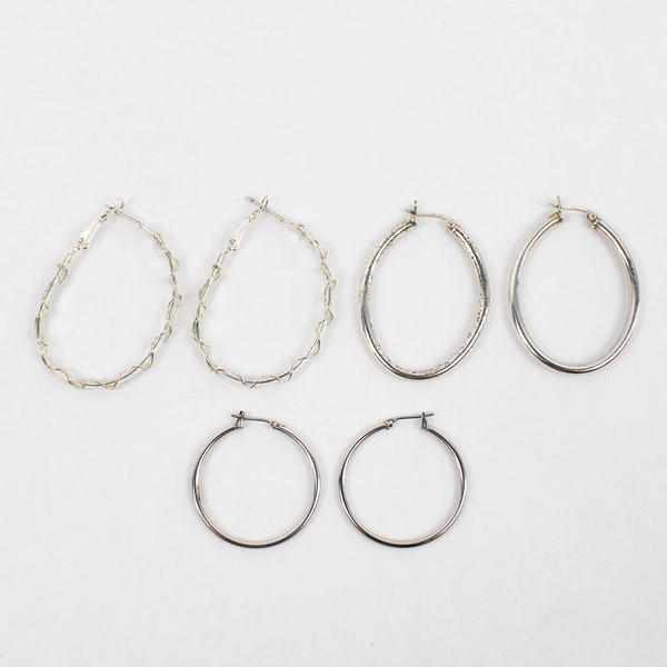 Lot of 3 Silver-Tone Twisted Oval Hoop Earrings Fashion Jewelry Flawed