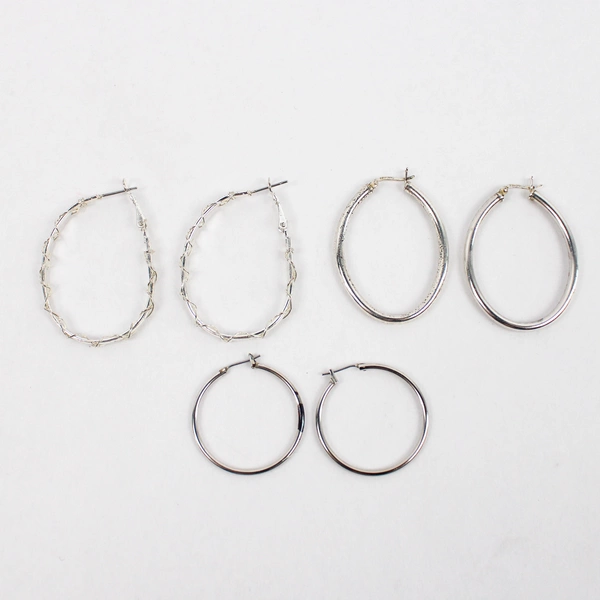 Lot of 3 Silver-Tone Twisted Oval Hoop Earrings Fashion Jewelry Flawed