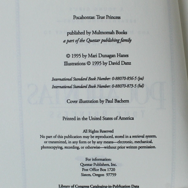 Pocahontas True Princess by Mari D. Hanes 1995 Paperback - Very Good Condition