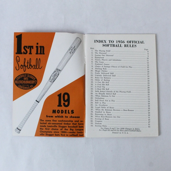 1956 Official Softball Rules Booklet by Louisville Slugger - Pre-Owned