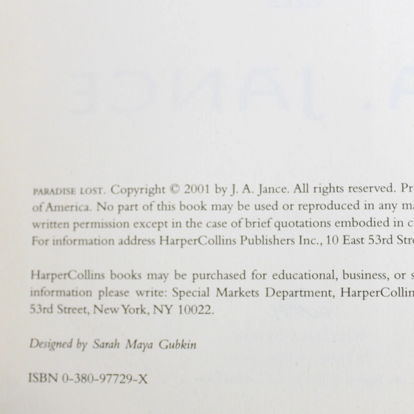 Paradise Lost by J. A. Jance 2001 William Morrow Hardcover Dust Jacket