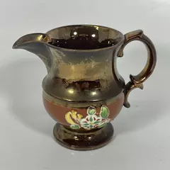 Vintage Copper Lustreware Creamer Pitcher Painted Floral Design