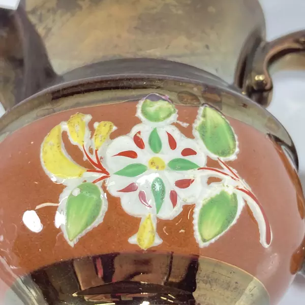 Vintage Copper Lustreware Creamer Pitcher Painted Floral Design