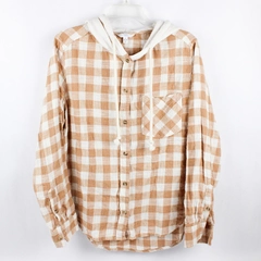 Time and Tru Women's Large Tan Gingham Flannel Button-Up Shirt with Hood