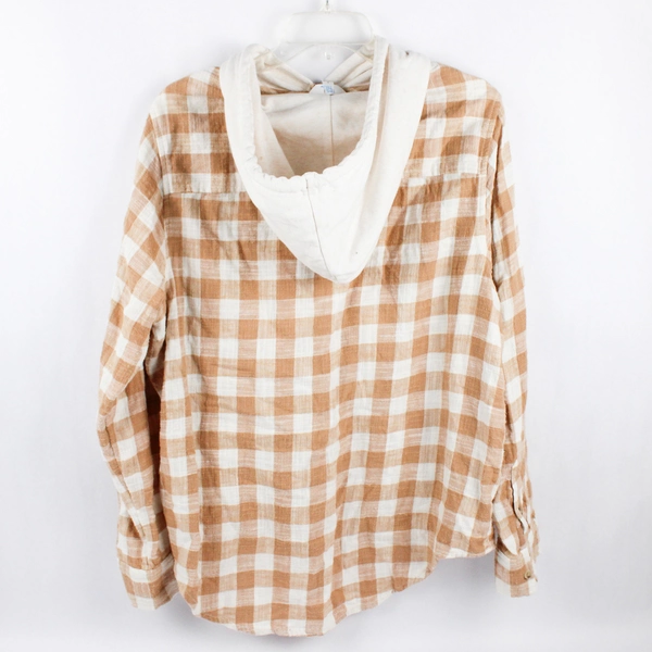 Time and Tru Women's Large Tan Gingham Flannel Button-Up Shirt with Hood