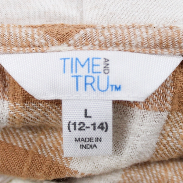 Time and Tru Women's Large Tan Gingham Flannel Button-Up Shirt with Hood