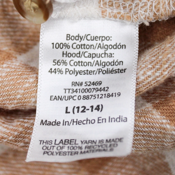 Time and Tru Women's Large Tan Gingham Flannel Button-Up Shirt with Hood