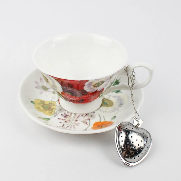 Gracie Bone China Poppy Day Tea Cup & Saucer with Heart Shaped Infuser