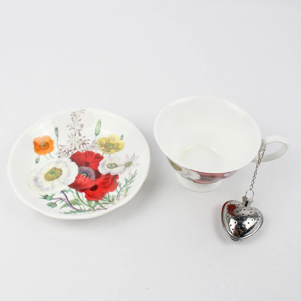 Gracie Bone China Poppy Day Tea Cup & Saucer with Heart Shaped Infuser