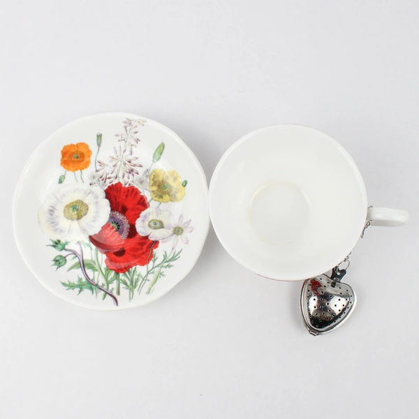 Gracie Bone China Poppy Day Tea Cup & Saucer with Heart Shaped Infuser