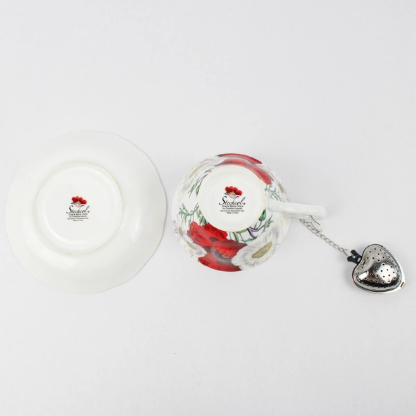 Gracie Bone China Poppy Day Tea Cup & Saucer with Heart Shaped Infuser
