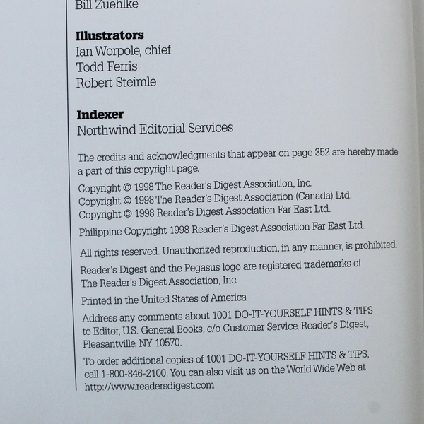 1001 Do-It-Yourself Hints & Tips Book by Reader's Digest, 1998 Hardcover