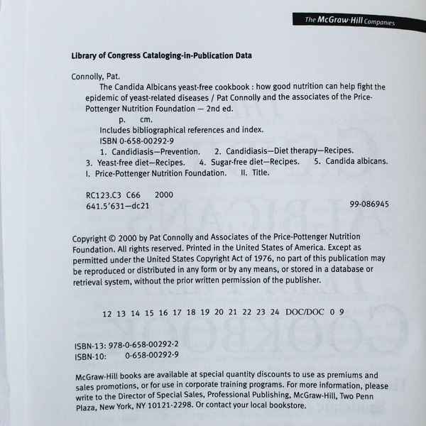 The Candida Albicans Yeast-Free Cookbook by Pat Connolly, 2000, Pre-Owned