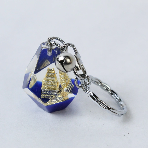 Japanese Gold Pagoda Keychain Acrylic Glass Cobalt Blue Bottom Castle Bell