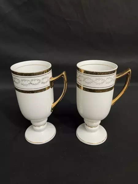 Lot of 2 Royal Crown Elegante Footed Coffee Espresso Cups Gold Trim