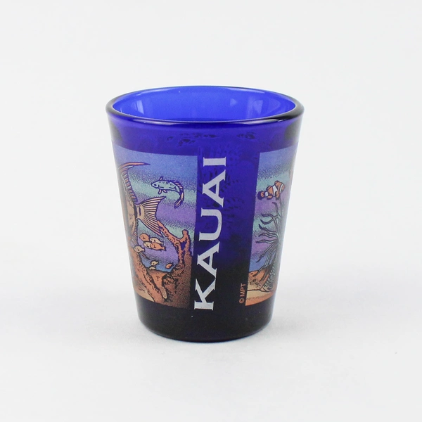 Libbey Kauai Cobalt Blue Shot Glass Maui 2000 Dolphin Ocean Fish Design