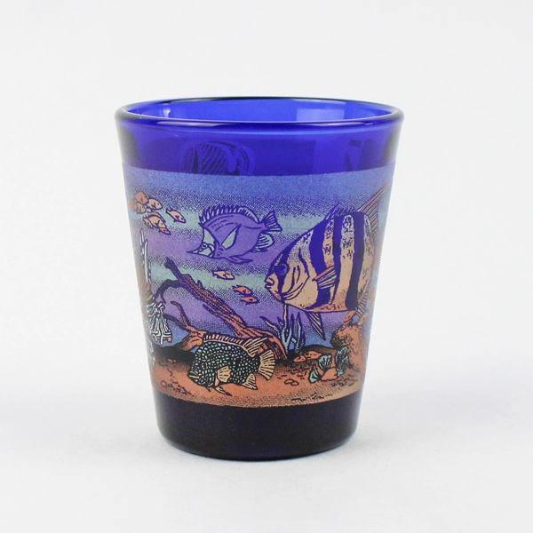 Libbey Kauai Cobalt Blue Shot Glass Maui 2000 Dolphin Ocean Fish Design