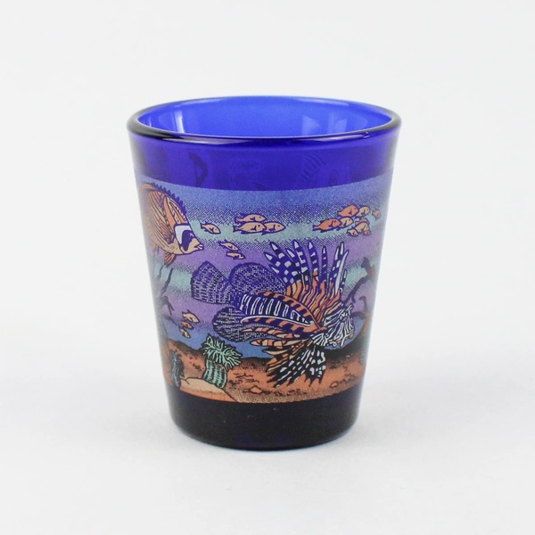 Libbey Kauai Cobalt Blue Shot Glass Maui 2000 Dolphin Ocean Fish Design