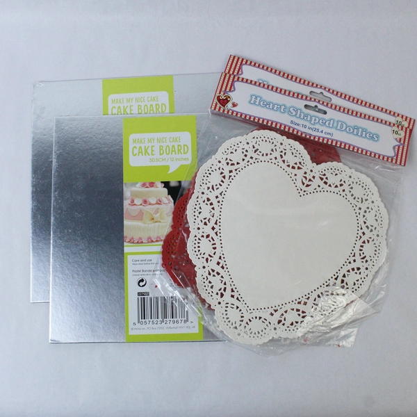 Lot of 2 Cake Boards 12" & 2 Packs 10" Heart Doilies for Baking Decor