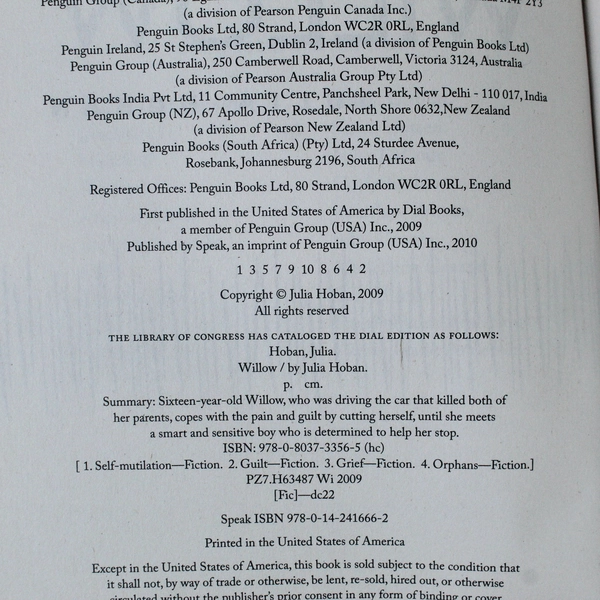 Willow by Julia Hoban 2009 Young Adult Paperback Novel - Good Condition