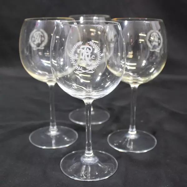 Set of 4 Crystal Wine Glasses with Unidentified Logo Elegant Drinkware