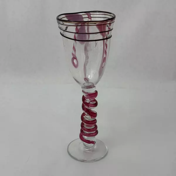 Hand Blown Cranberry Spiral Stem Art Glass Wine Glass Signed 1995 Vintage