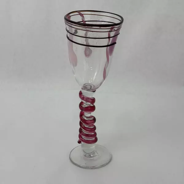 Hand Blown Cranberry Spiral Stem Art Glass Wine Glass Signed 1995 Vintage
