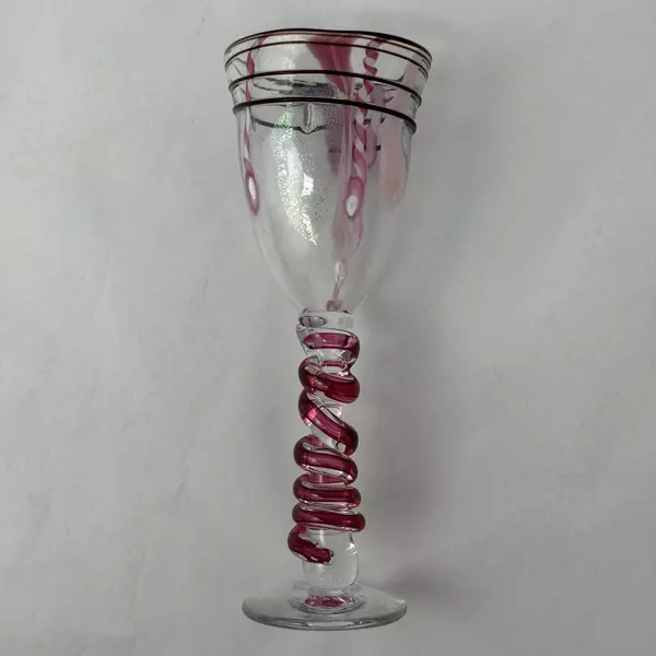 Hand Blown Cranberry Spiral Stem Art Glass Wine Glass Signed 1995 Vintage