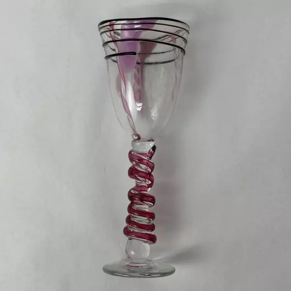 Hand Blown Cranberry Spiral Stem Art Glass Wine Glass Signed 1995 Vintage