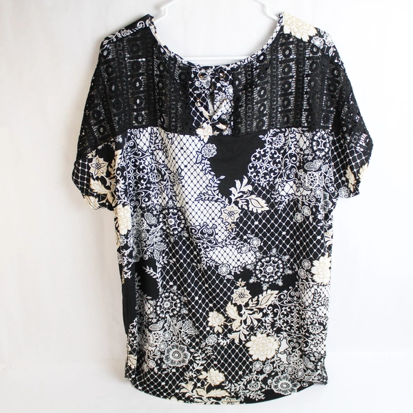 Siren Lily Black and White Floral Patterned Lacy T-Shirt Women's Size 2X