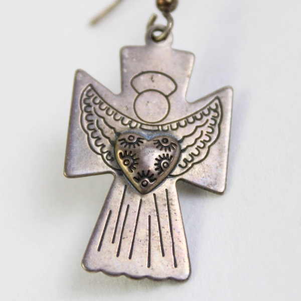 Carolyn Pollack 925 Sterling Silver Large Cross Angel Heart Dangle Earrings